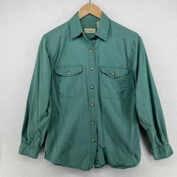 L.L. Bean Tops - LL BEAN Shirt Womens S Twill Button Up Utility Long Sleeve Cotton Green HK VTG